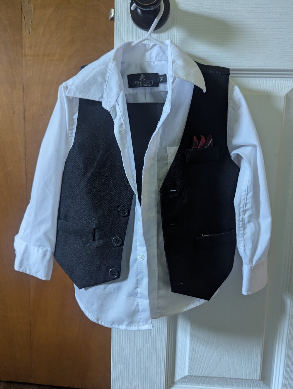 City Threads White Dress Shirt with Black Vest and Pocket Square